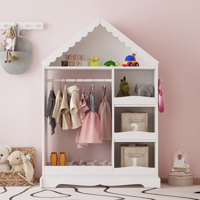 Kids Wardrobe Closet with Mirror and Storage Shelves, Kids Open Armoire Dress Up Storage with Clothing Rod, Shoe Rack, and Hooks for Girl Bedroom, Playroom
