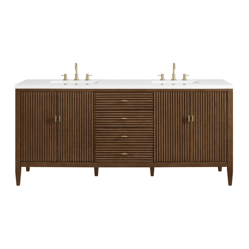 Myrrin 72'' W Double Vanity, Mid-Century Walnut, White Zeus, 8" Widespread