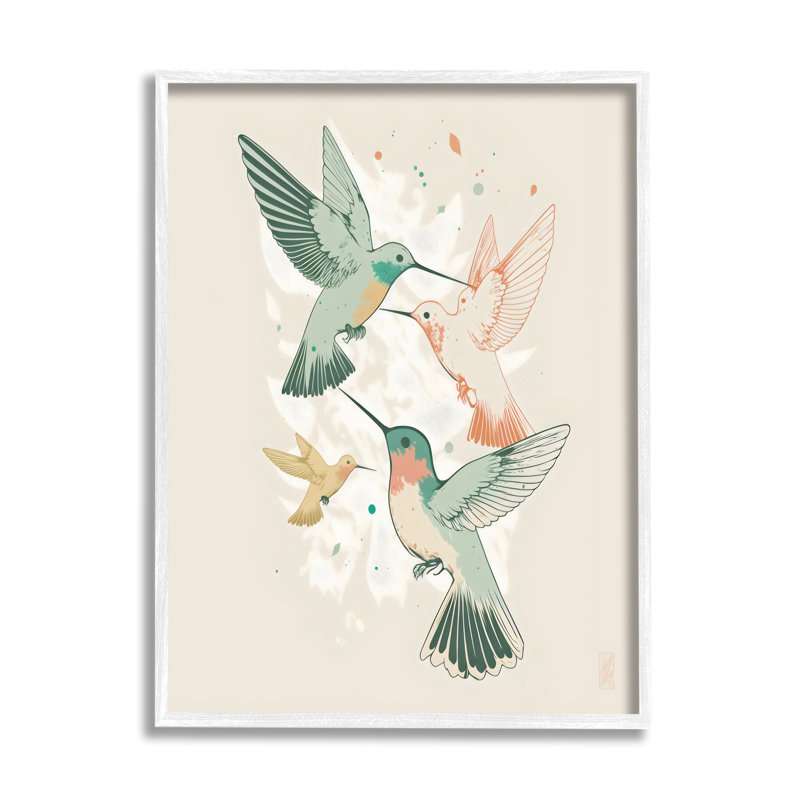 Colibris sur fond beige par Ray Powers, Estampe numérique encadrée blanc bord de mer, H 14 po x l 11 po x P 1,5 po