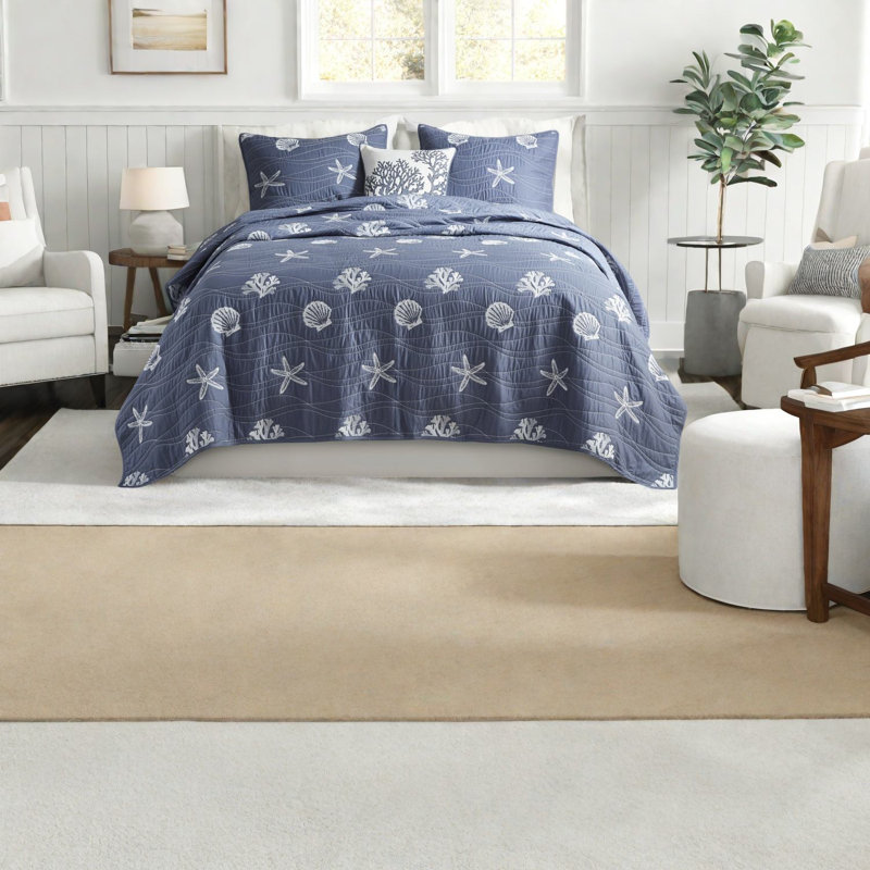 Ensemble de literie en coton Coastal, brodé bleu marine, style décontracté