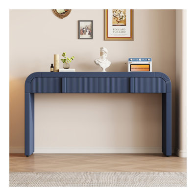 Console moderne avec 2 tiroirs de rangement, table d'entrée cannelée à silhouette arrondie pour le couloir du salon et du vestibule (bleu marine)