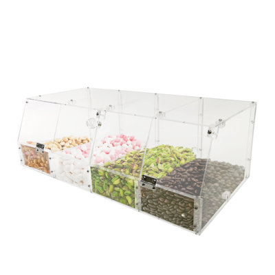 Fixturedisplays® 24 X 12 X 8" Acrylic Candy Bin Plaxiglass Organizer 4 Compartments Display Bin For Candy, Cereal, Chocolate Coffee Beans, Stackable Assembly Video Provided 10207