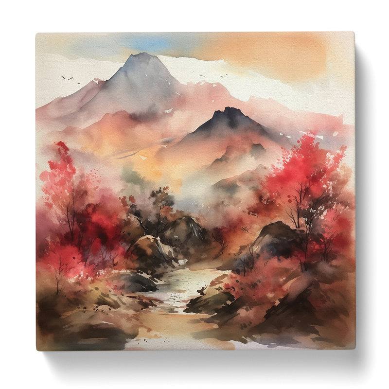 Japanese Mountains Watercolour - No Frame Print, 50cm H x 50cm W x 3cm D