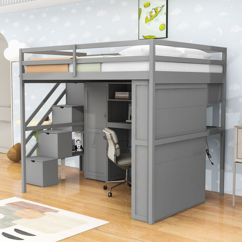 Full-Size Loft Bed with Built-In Staircase, Desk, and LED Lighting, Gray