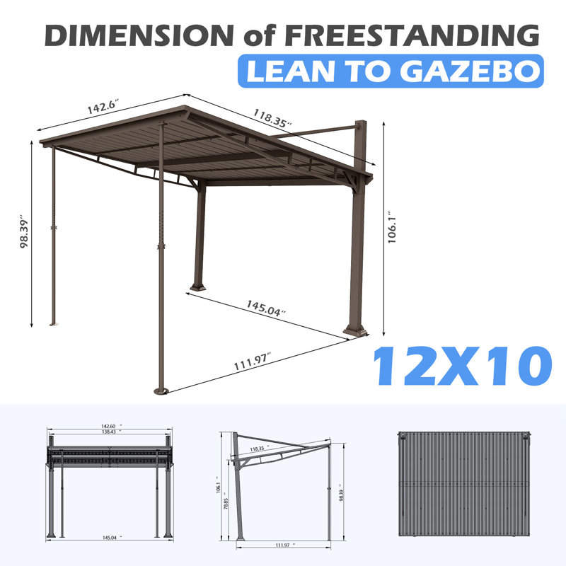 Domi 12x10 FT Hardtop Gazebo, Freestanding or Wall Mounted Metal Pergola, 12 ft x 10 ft, Brown