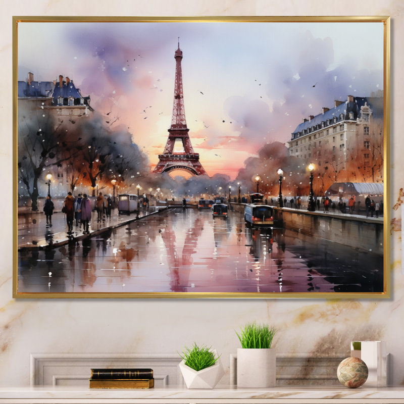 «Pink Twilight Rendezvous In Paris III» - Art mural, parcs d'attractions, Cadre flottant doré, H 24 po x l 32 po x P 1 po