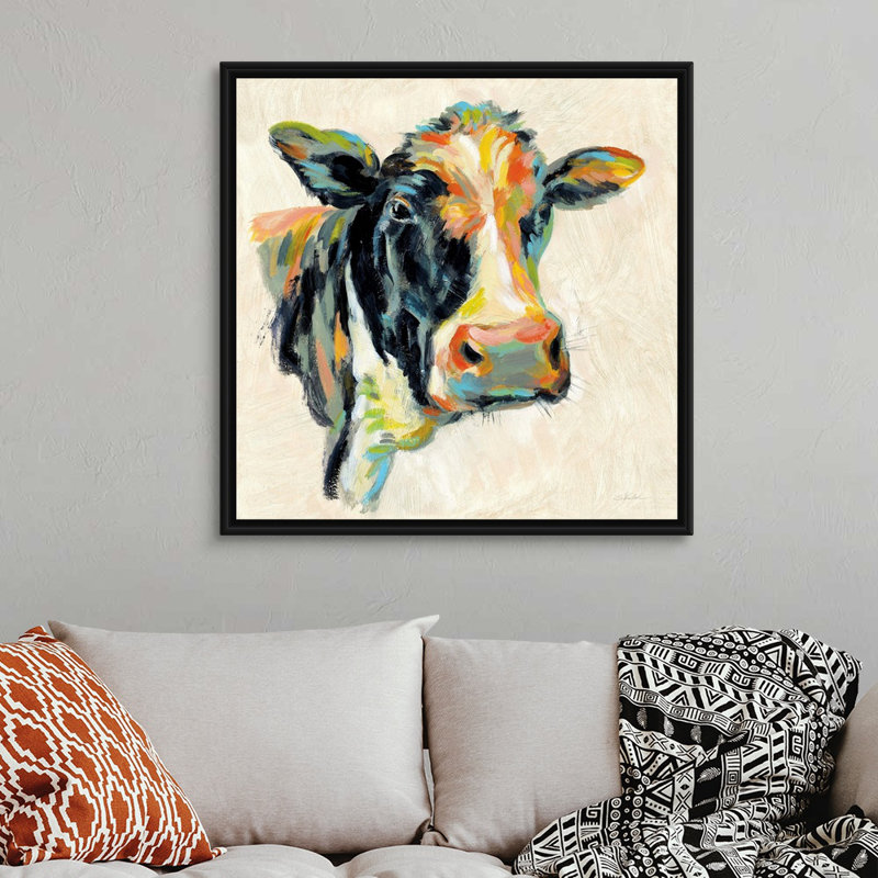 «Expressionistic Cow I», art mural sur toile, H 38 po x l 38 po x P 2 po, Toile avec cadre noir