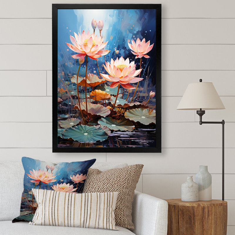 Fleurs de lotus étang harmonie sur toile, Cadre simple noir, H 44 po x l 34 po x P 1,5 po