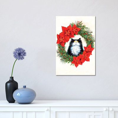 Black and White Cat in Poinsettia Wreath 1 Piece Wall Art on Canvas