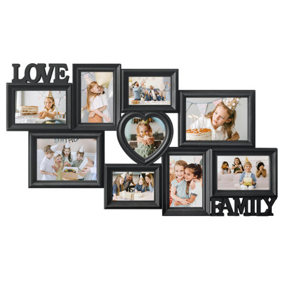 9-Photo Love & Family Collage Picture Frame, Heart & Rectangular Multi Opening Wall Gallery Frame for 4"×6" Photos