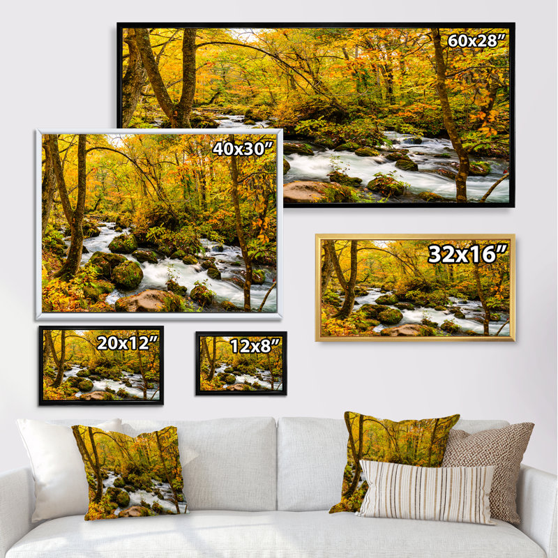 «Mountain Stream in Autumn Colors II», peinture sur toile, H 8 po x l 12 po x P 1 po, Cadre blanc