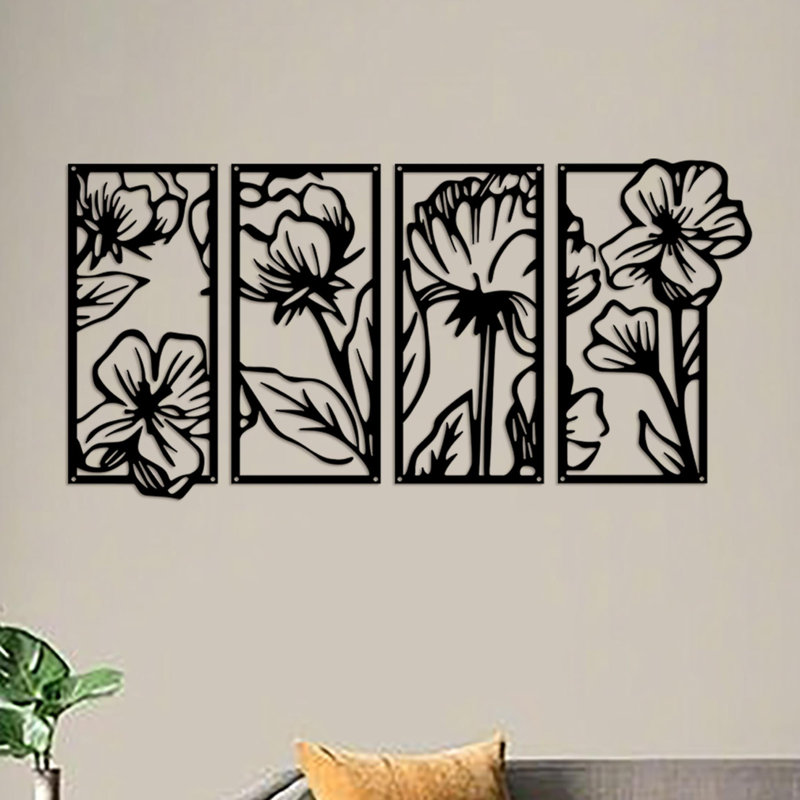 4 pièces de fleurs en métal murales en fer à suspendre à la main pour la décoration intérieure / extérieure
