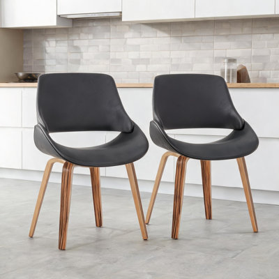 Mid-Century Modern Side Chair Set of 2 with Faux Leather Upholstery and Zebra Wood Legs, Cool Gray