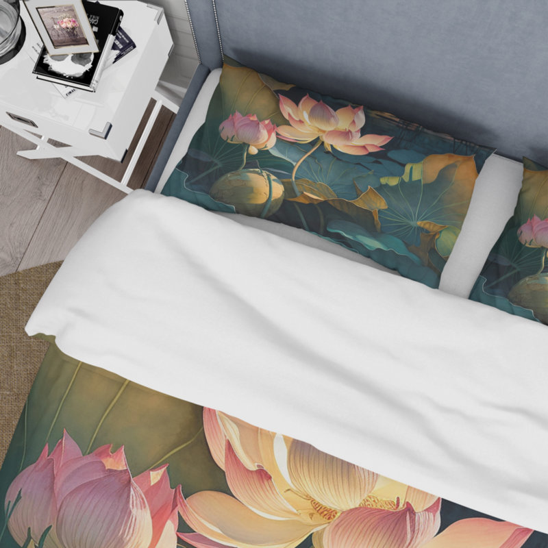 Ensemble de housse de couette en microfibre / polyester Blooming Vintage Lotus In The Pond II