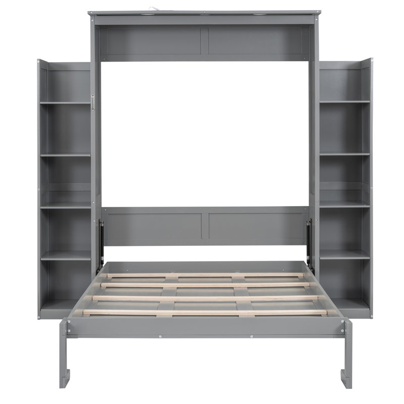 Lit escamotable avec 2 bibliothèques et tête de lit lumineuse, Gris, Complète