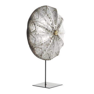 Large Round Hand-Carved Silver Baobab Wood Shield on Aluminum Display Stand Sculpture