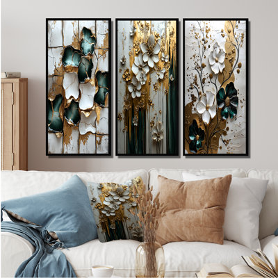 Vert et blanc fleurs élégantes arctiques I - Collection d'art mural de carreaux abstraits gris