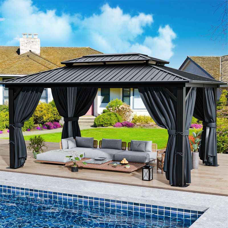 10x12 Hardtop Gazebo Aluminum Gazebos with Galvanized Steel Double Roof Metal Gazebo with Curtains and Netting Permanent Steel Gazebo for Backyard, Garden and Patio