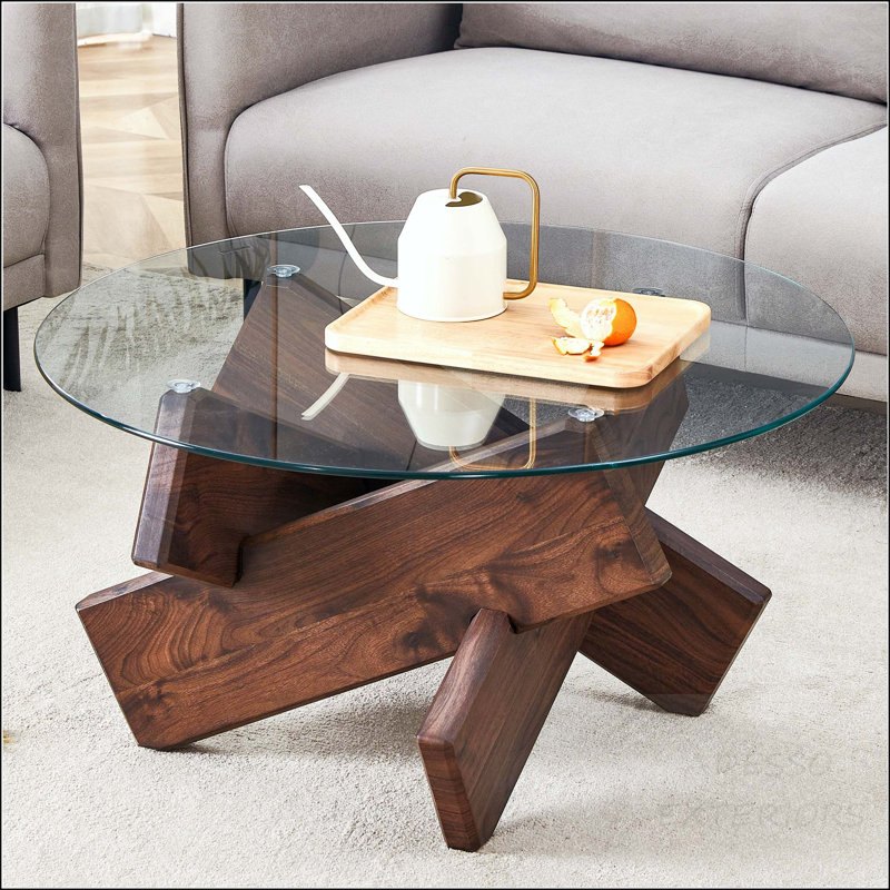 Table basse ronde en verre trempé avec pieds en panneau de fibres à densité moyenne plaqué noyer, Noyer