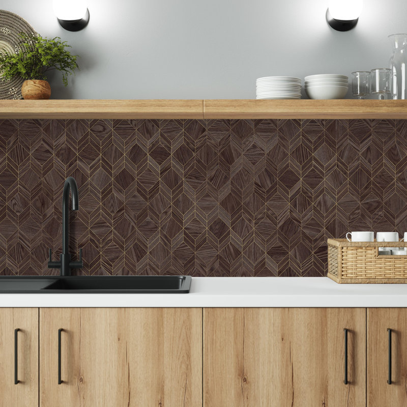 Parquet Walnut Kitchen Splashback 3050mm X 750mm X Aluminum Peel and Stick Mosaic Tile