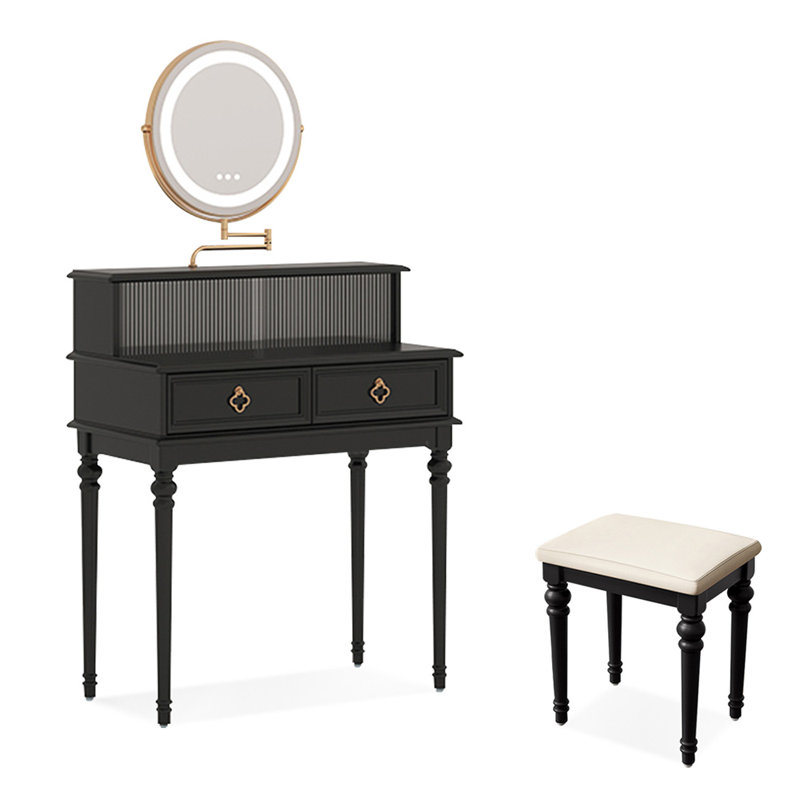 Coiffeuse de maquillage avec miroir lumineux, 2 tiroirs, 1 chaise