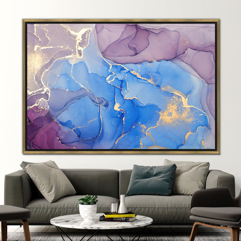 Luxury Abstract Alcohol Ink Art - Marble Canvas Wall Decor in Tones, 70 cm H x 100 cm W, Framed Print without Mat, Gold