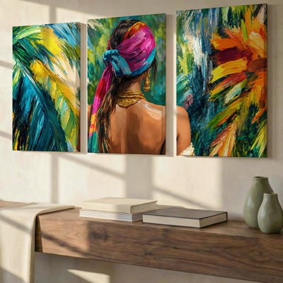 3 Pieces Exculisive Tropical Woman and Colorful Leaves Large Wall Art Vibrant Panorama, Modern Canvas Decor for Living Room, Bedroom, Office and Home