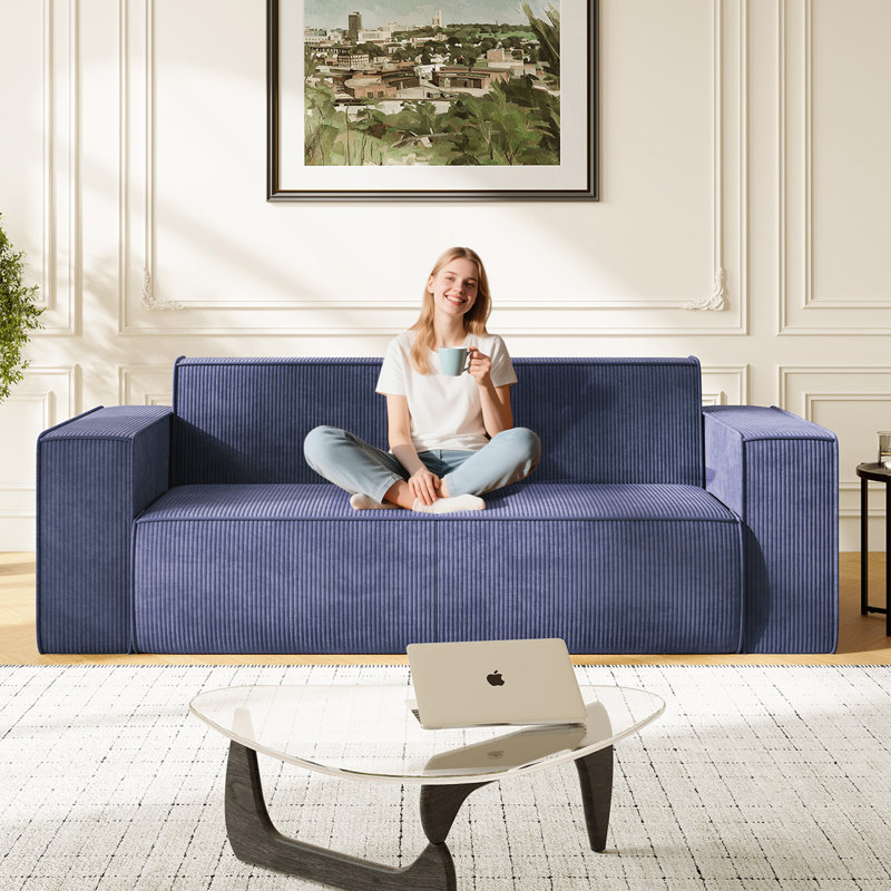 Canapé 2 places à assise profonde en velours côtelé, Bleu
