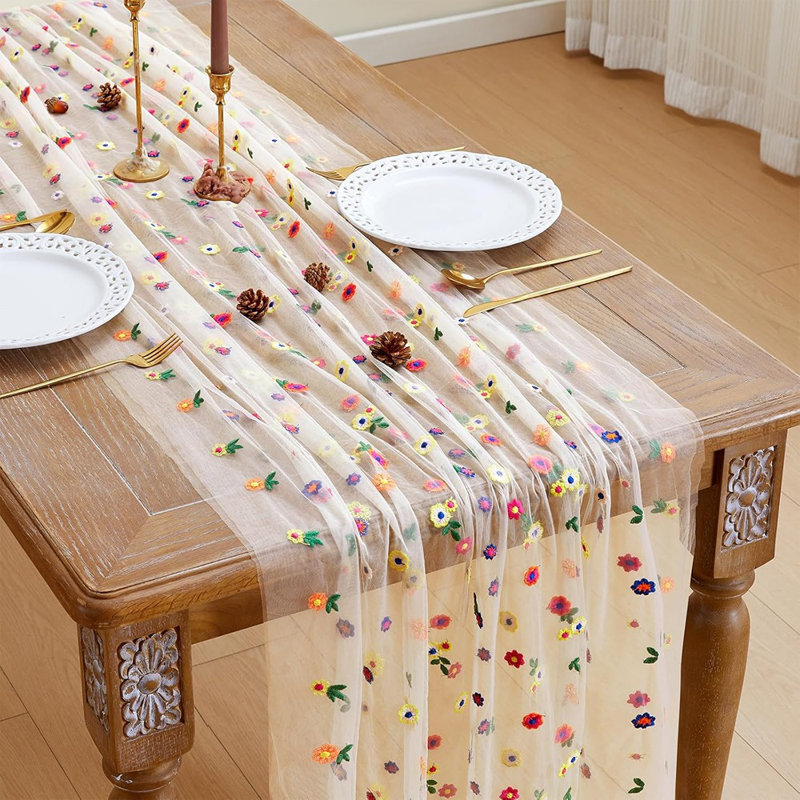 Chemin de table brodé à motif floral marguerite - champagne / or - décoration saisonnière, fête de mariage, fête de mariage