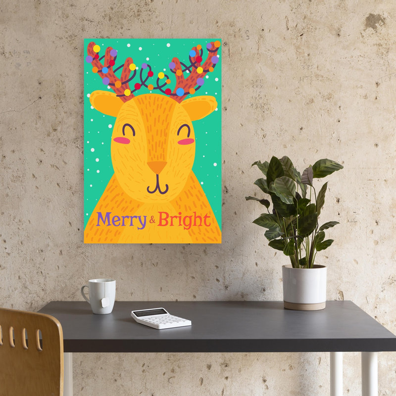 Smiling Reindeer Lights Colorful Whimsical Contemporary Deer Winter Wall Art Print 1 Piece Wrapped Canvas Wall Art