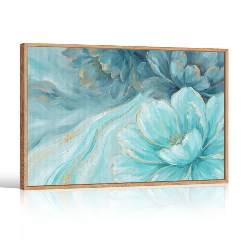 Tableau floral turquoise abstrait avec des accents dorés, 36"H x 48"W