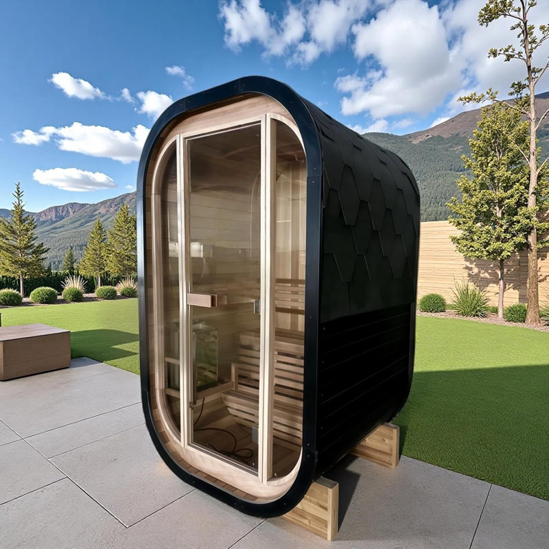 Outdoor Traditional Cube Steam Sauna Room for 2 Person, Canadian Red Cedar Barrel Sauna with 4.5KW ETL Certified TOULE Heater, 8mm Tempered Glass, Black Color, 220V (0-195 °F)