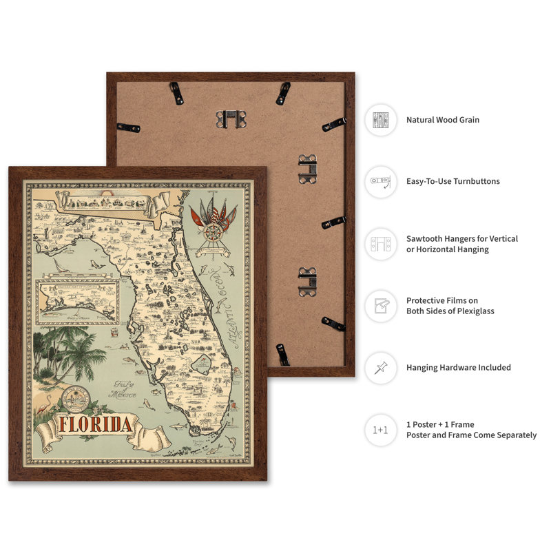 Carte des poissons de la Floride, H 08 po x l 10 po, Affiche, Encadrement brun