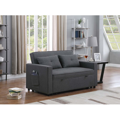 Zoey 56" Dark Grey Linen Convertible Sleeper Loveseat with Side Pocket