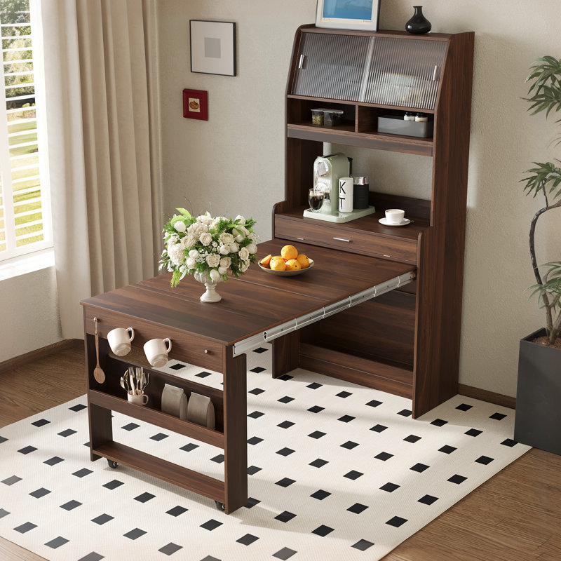 Buffet compact avec huche et table pliable 33,5 po TopMAX, Noyer