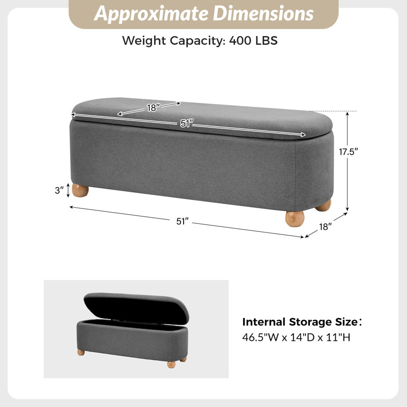 Darioush Polyester Storage Bench with Solid Wood Legs, Charcoal
