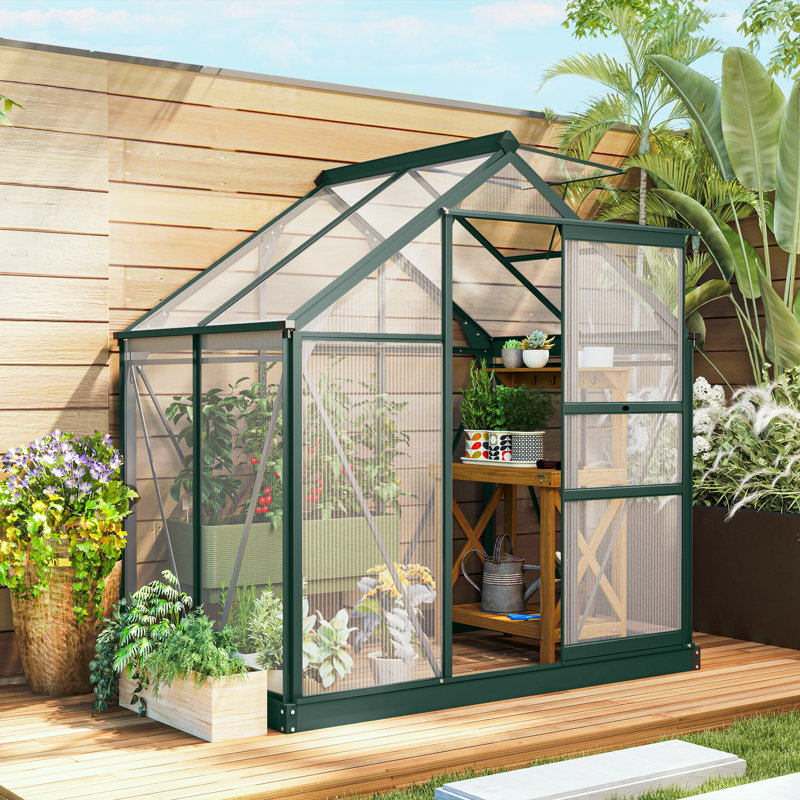 Serre de 6 pi x 4 pi pour l'extérieur, serre en polycarbonate avec gouttière et évent de toit, maisons vertes en aluminium pour l'extérieur pour le patio, vert foncé