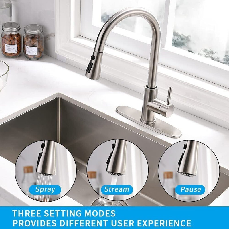 Mosson Brushed Nickel Pull-Down Kitchen Faucet Set with 8-Inch Deck Plate and Soap Dispenser