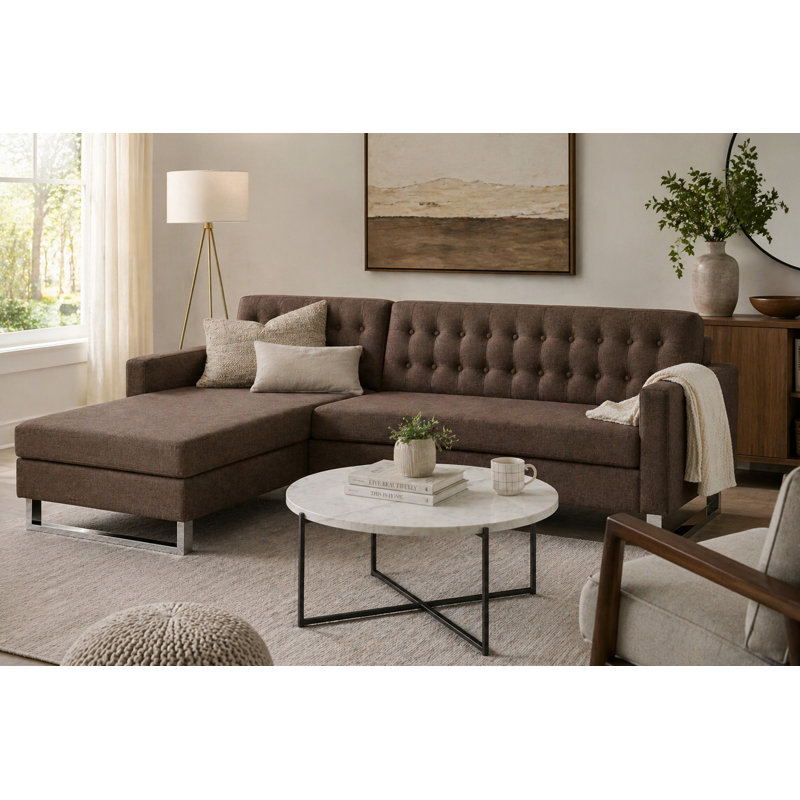 Canapé modulaire Sloan - Moderne faisant face à l'accoudoir GAUCHE avec dossier capitonné, chaise longue, pieds en acier inoxydable - Canapé modulaire brun