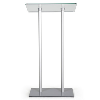 Pupitre en verre trempé transparent avec cadre et base en aluminium argenté