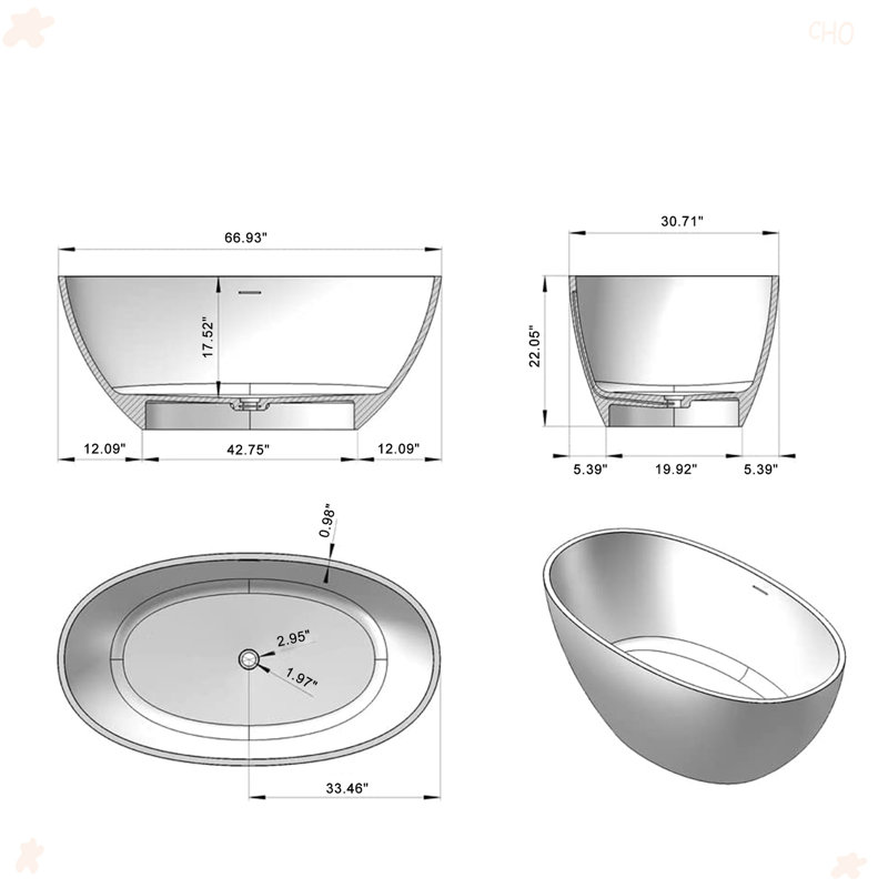 67 Inch Freestanding Solid Surface Soaking Bathtub