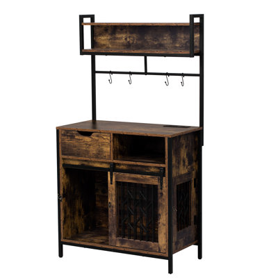 Composite Desk As Furniture Style Dog Crate With Industrial Aesthetic Touch And Open Storage Area, Pet Comfort Spot, Charging Outlets Ports, Hat Hangi