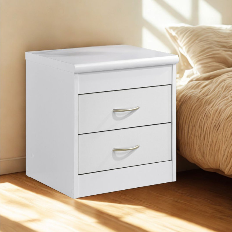 2-Drawer Wood Nightstand 17 inch Wide Bedside Table for Small Space with Storage, , White