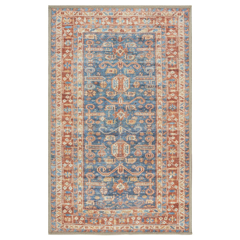 GLN Rugs Traditional Collection - Machine Washable Area Rug, Traditional Washable Rug, Non Slip Washable Rug, Low Pile Chenille Living Room Rug, Bedroom Rug, Kitchen Rug (Terra and Blue Rug)