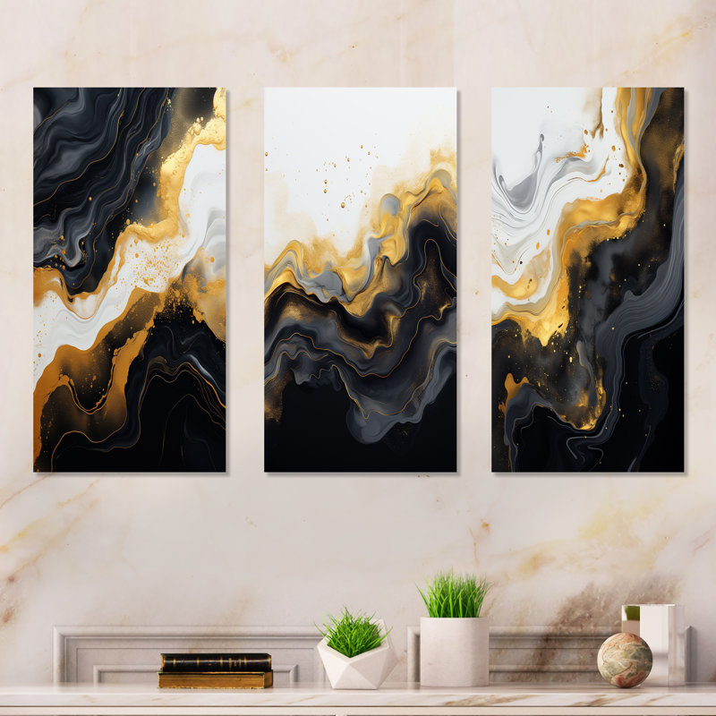 Gold And Black Marble Essence I - Abstract Marble Metal Art Print Set Of 3, 32" H x 48" W