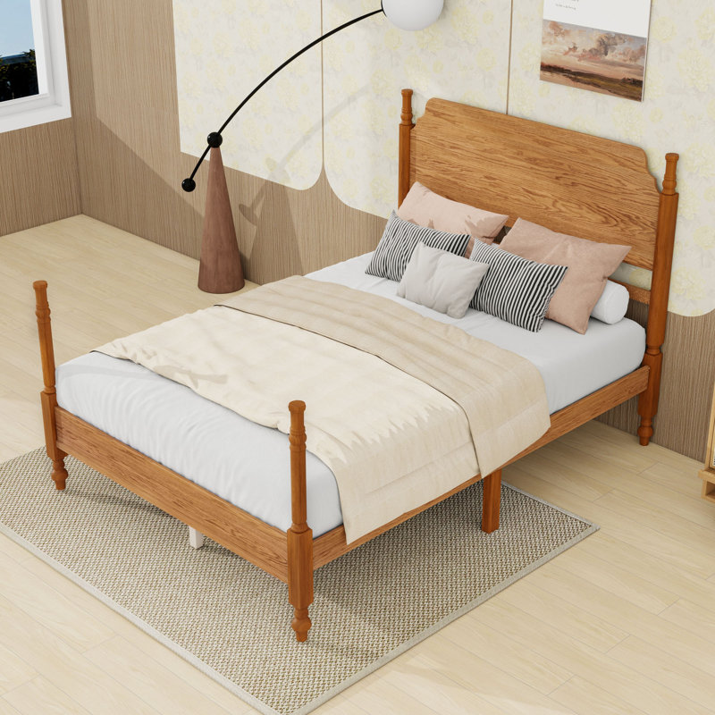 Lit plateforme à tête de fuseau d'inspiration rétro avec tête de lit, Light Walnut, Full