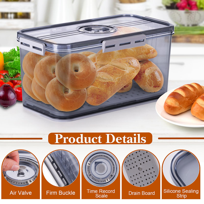 Gray Airtight Bread Storage Container with Lid and Time Recording