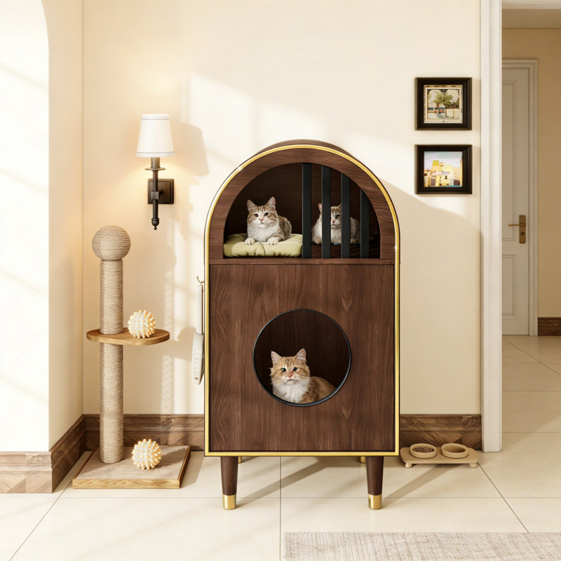 Enceinte de litière pour chat 2 en 1 et lit pour chat, abri pour chat à deux niveaux, havre de luxe pour chat avec une arche, jolie maison pour 2 chats