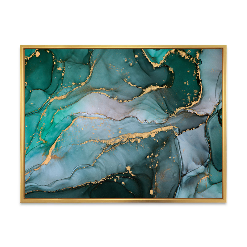 Turquoise et gris, art abstrait fluide de luxe II, reproduction sur toile, H 16 po x l 32 po, Cadre flottant, Doré