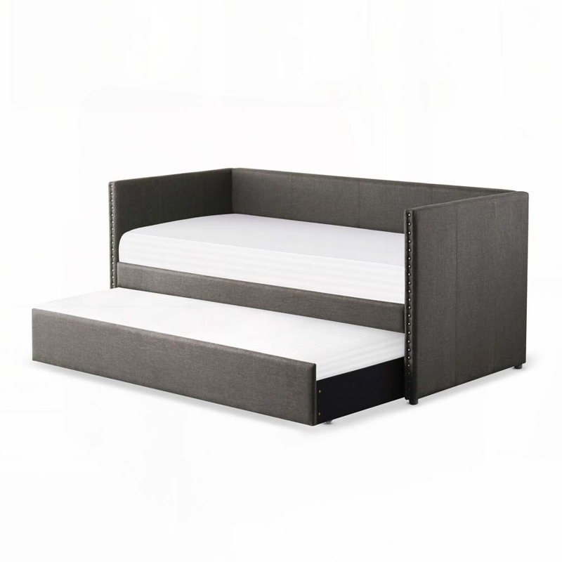 Upholstery Daybed with Pull-out Trundle Nailhead Trim Wood Frame, Gray